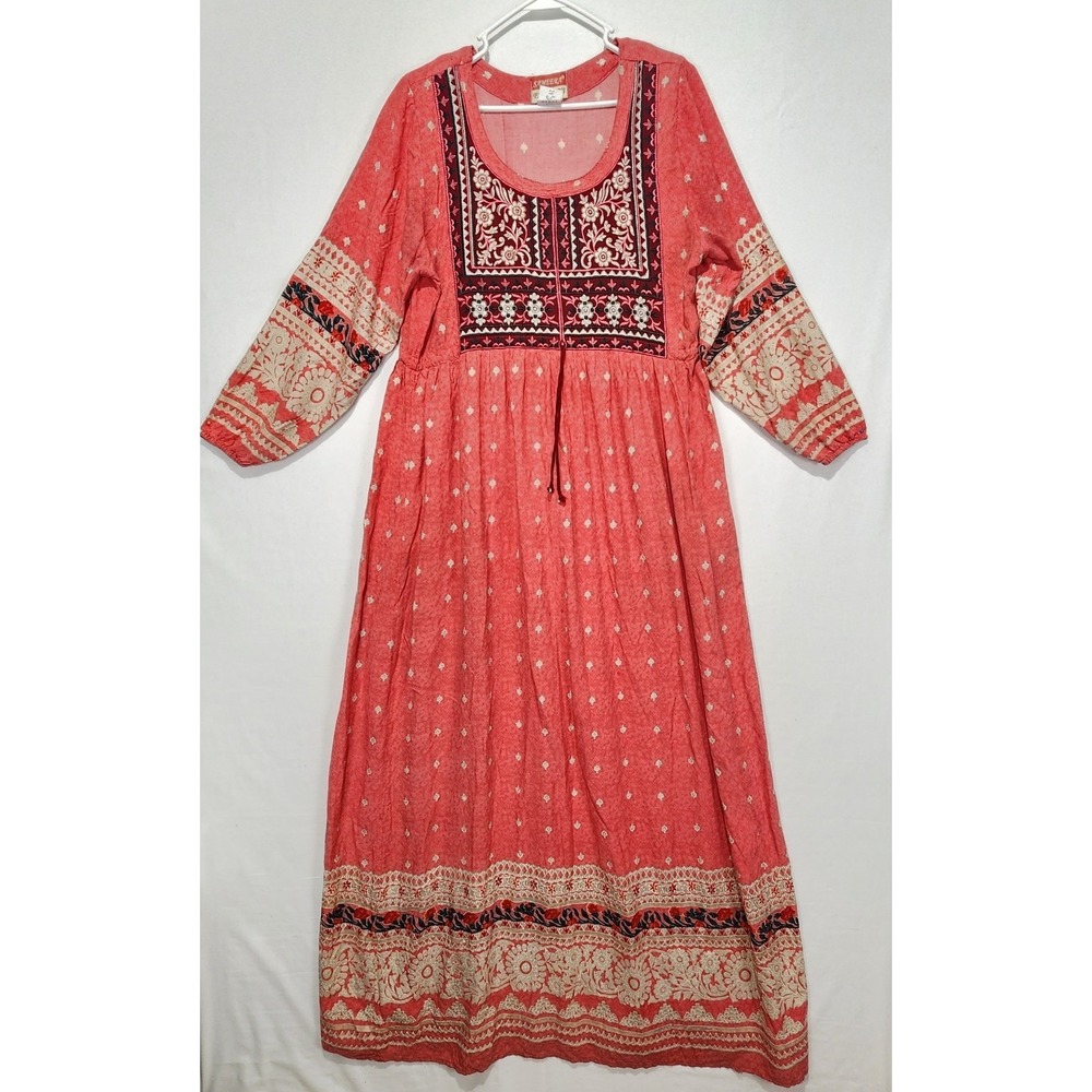 Sameera Fashions Women's VTG Floral Embroidered Boho Maxi Dress Pink Size L